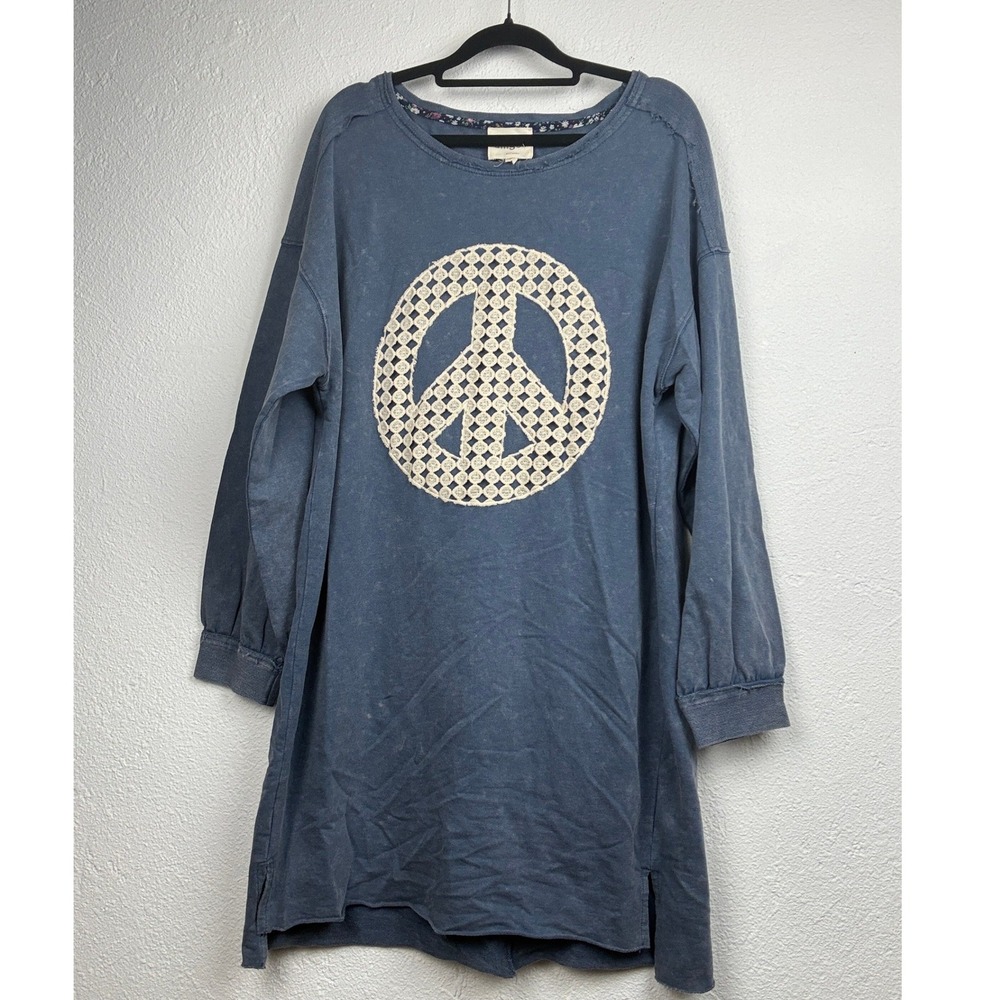 Umgee Blue Tunic Dress - M - Peace Sign Crochet Boho Hippie Festival